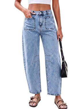 Women's Reef Blue High Waisted Patch Pocket Baggy Stretch Wide Leg Denim Pant